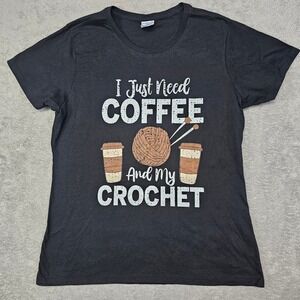 Coffee‎ Crochet Tee 🧶 Women's Large* Black Cotton Cozy Crafter Yarn Lover READ